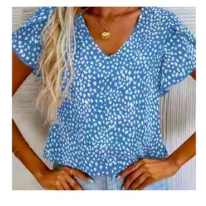 Petal Print Blouse Blue White Short Sleeve V Neck XXL